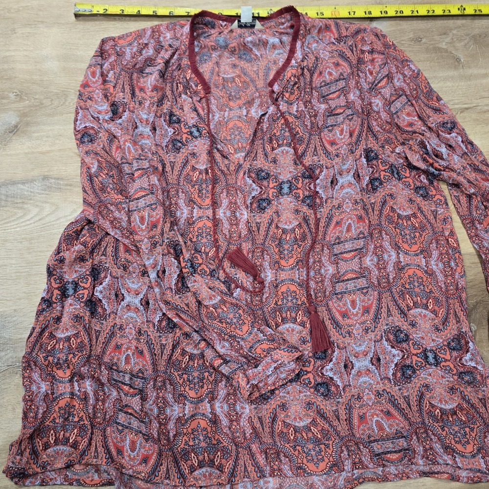 Lucky Brand Peasant Tunic Top Blouse M Orange Red Blue Paisley Viscose Boho...